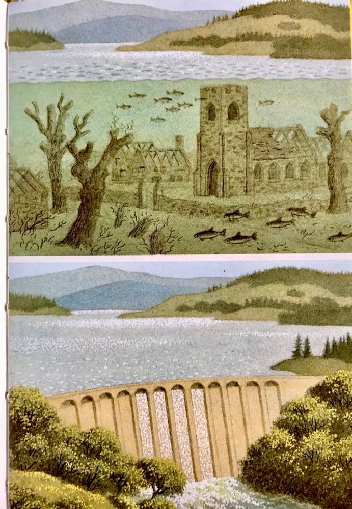 Illustration divided into two frames. The upper frame shows a cut-through depiction of a flooded village with intact church and stunted trees, green in hue under the water as fish swim past.
Below is an innocuous, conventional scene of a peaceful reservoir in sunlight
