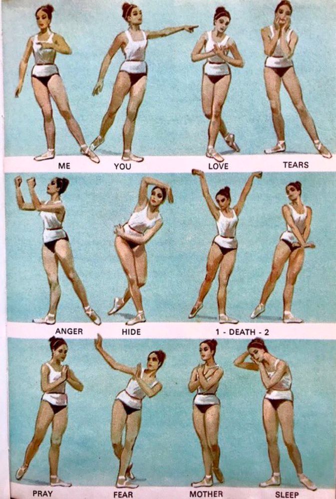 An illustration showing a ballerina demonstrating 12 different mime poses and the emotion they represent