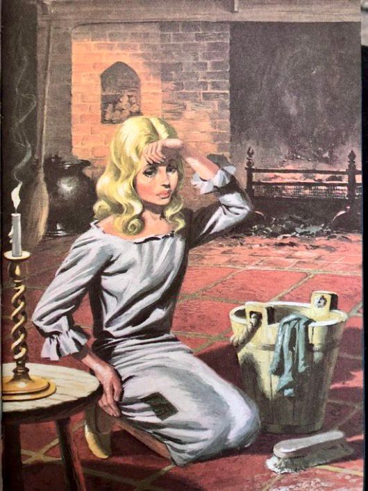 Cinderella kneels on the hearth, taking a break from scrubbing the floor, and puts a hand to her forehead with a tragically sorrowful look on her face