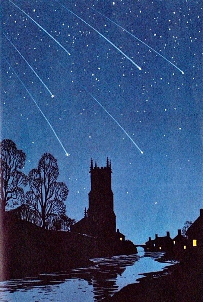 A landscape in silhouette - black against an inky blue sky. We see the outline of a church tower in front of a river, with trees and a few houses. Overhead in the starry sky there is a meteor shower 
