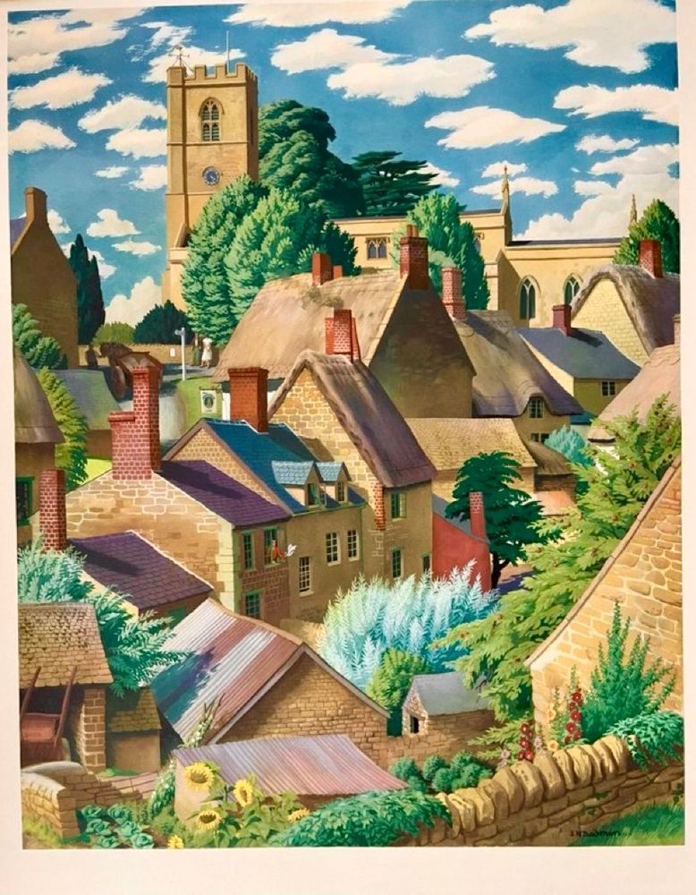 A rather stylised image in warm tones looking down onto the roofs of a small, compact village on a hill, dominated by a church with a tower under a bright blue sky with stylised clouds