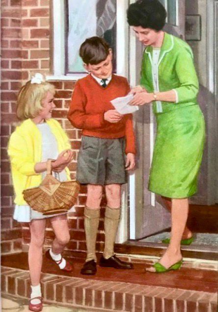 illustration page from 1960s version of the book. Mother, formally dressed, hands a shopping list to 2 children
