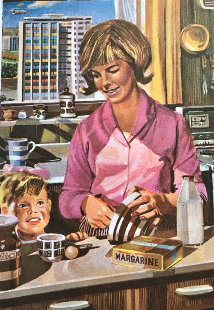 In a 1960s kitchen, a mother is cooking at the workbench with milk and margarine on the counter. A small boy behind her looks up at her. Outside a helicopter hovers above a town.