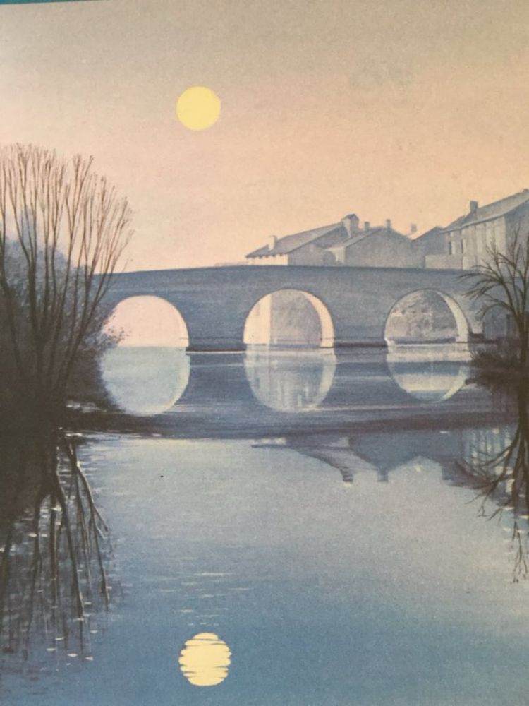 A very peaceful scene of a perfectly still body of water at dawn. The scene is a study of pale salmon-pink and grey and the misty sun is reflected in the grey water