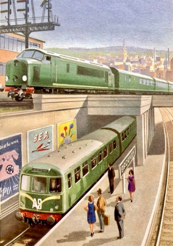 In the upper part of this illustration, a diesel train flashes past while below, an electric train pulls up at the platform as half a dozen people stand and wait