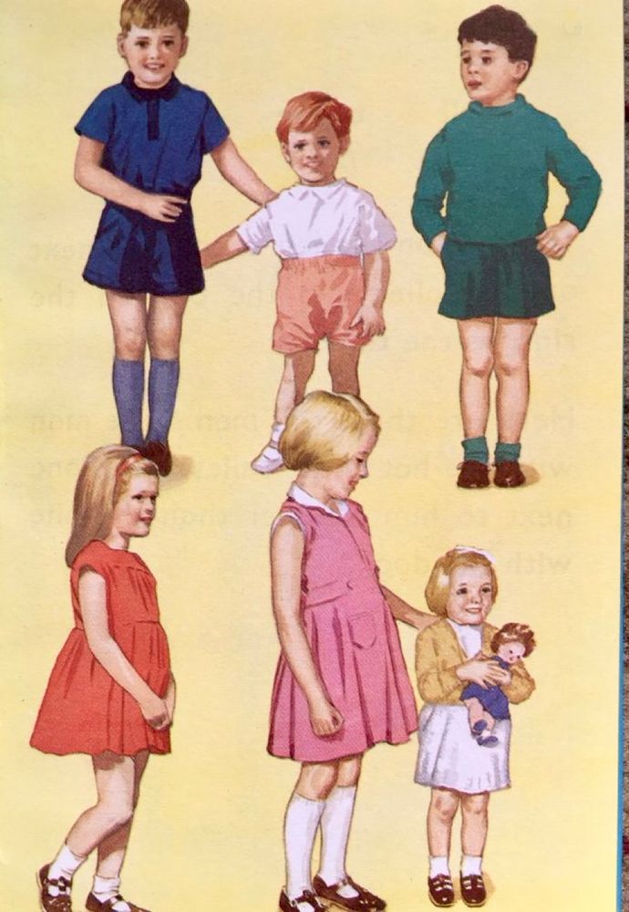 Illustration of six children, a mixture of boys and girls. The boys are wearing shirts and neat tops and the girls are wearing colourful summer frocks.