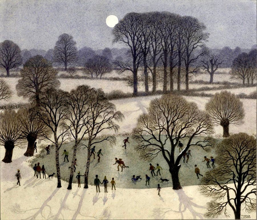 An aerial view looking down over a broad, winter landscape dotted with trees. In the mid ground is a frozen pond.
All the figures are in silhouette.