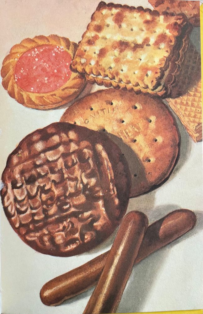 A photo realistic illustration of a small number of biscuits on a white surface. Biscuits include chocolate fingers, chocolate digestive, custard cream and wafer