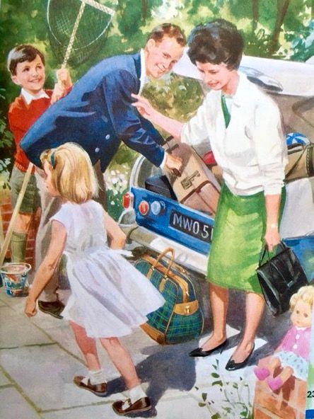 In the 1960s version of this book, the family are quite formally dressed. Mother wears heels and tight skirt and dad is in a double breasted jacket.