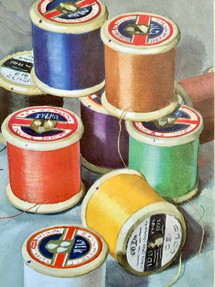 A photo-realistic illustration of a colourful collection of vintage wooden cotton reels