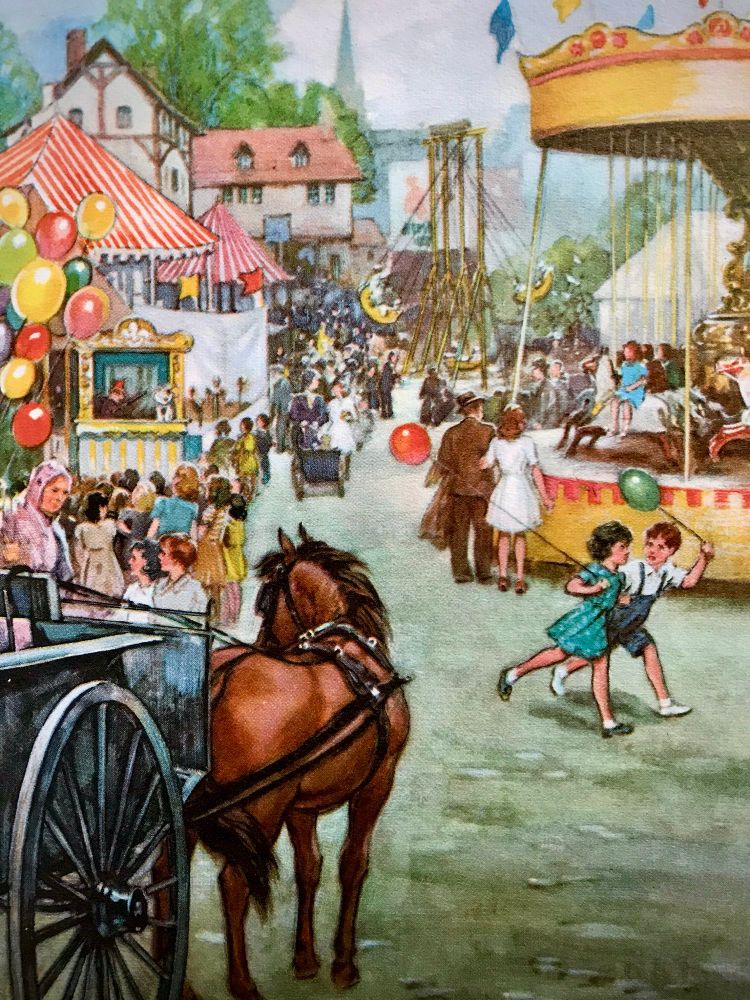 Colourful illustration of a pony and trap pulling up at a village green to find it full of life and fairground activity