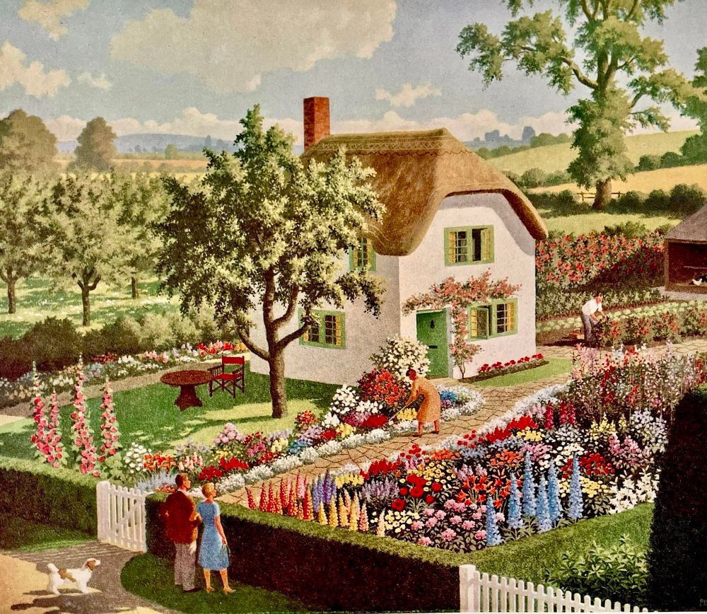 A chocolate-box-pretty cottage surrounded by pristine flower beds worthy of a Britain’s ‘floral garden set’, is admired over a neat hedge by a smartly dressed couple. 