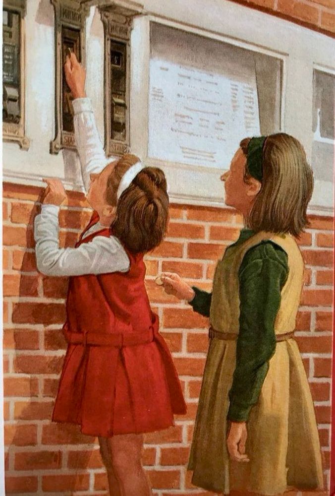 Photorealistic illustration showing two small girls in the 1960s trying to buy stamps from a slot stamp machine built just a little too high into the wall of a post office