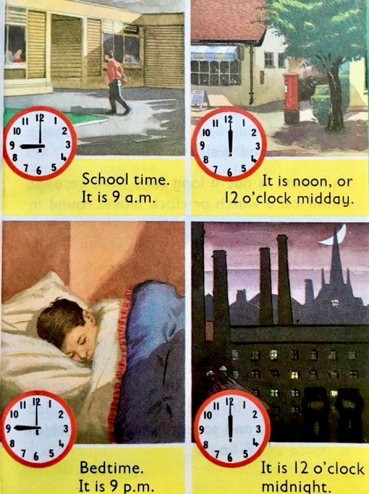 Four illustrations showing different periods of the day with a clock inset in each. The timetable is, apparently, that of a 8-year-old boy in 1966 and includes going to school and going to bed at 9 pm …
