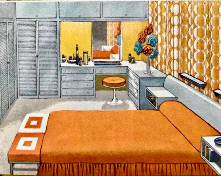 A modern 1970s room complete with orange bedspread, orange geometric pattern footstools and curtains and Louvre style wardrobe doors