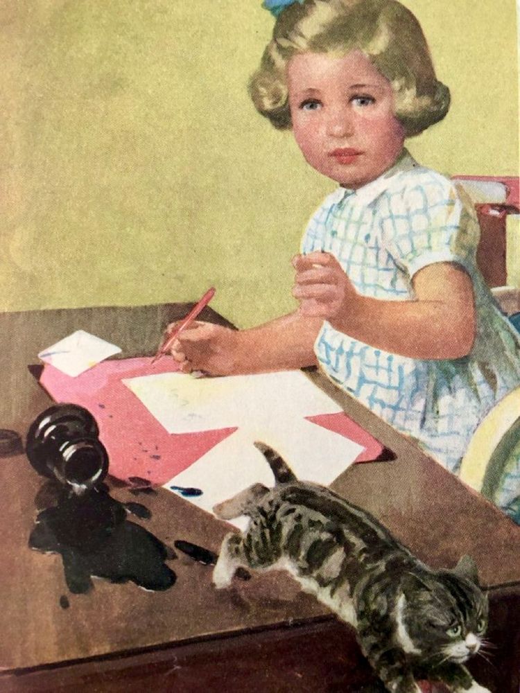 A soft focus illustration of a young girl writing at a desk. A small kitten has just knocked over the bottle of ink onto the table and the kitten makes its escape