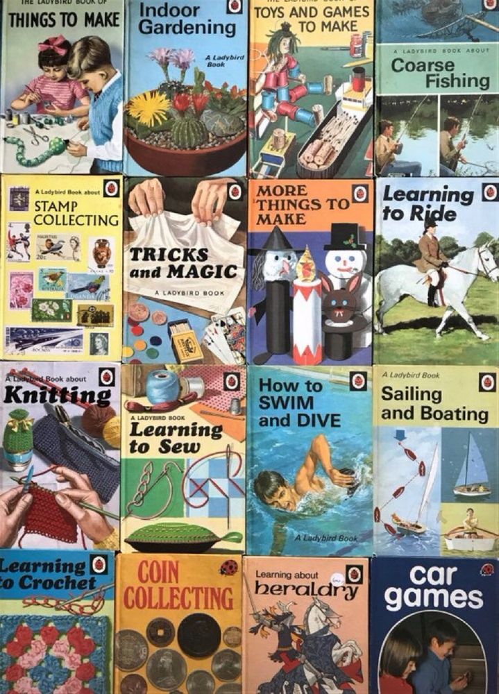 The front covers in a grid of 16 books from the ‘hobbies’ Ladybird series