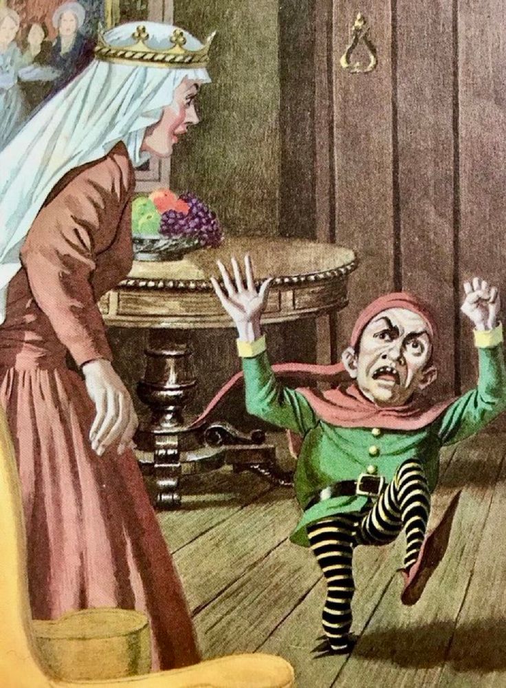 Rumpelstiltskin has stamped his foot in rage so hard that his foot is gone through the wooden floorboards. The queen looks on in consternation