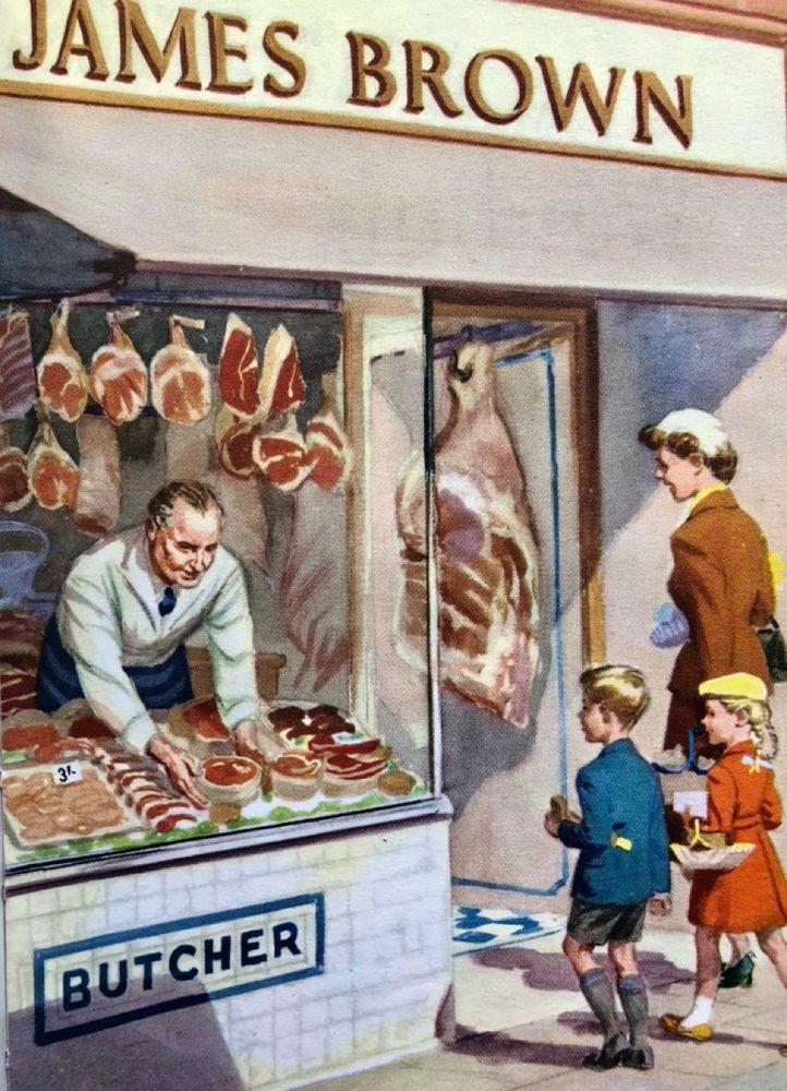 Illustration is a picture from ‘shopping with mother’ where mother leads two children into the Butchers shop.
It was painted in 1958, so 4 years later than the date in the post