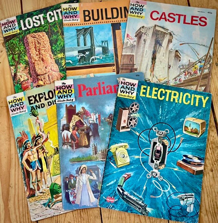 The covers of a group of six paperback books including ‘electricity‘, ‘castles‘, ‘buildings‘, and ‘lost cities’