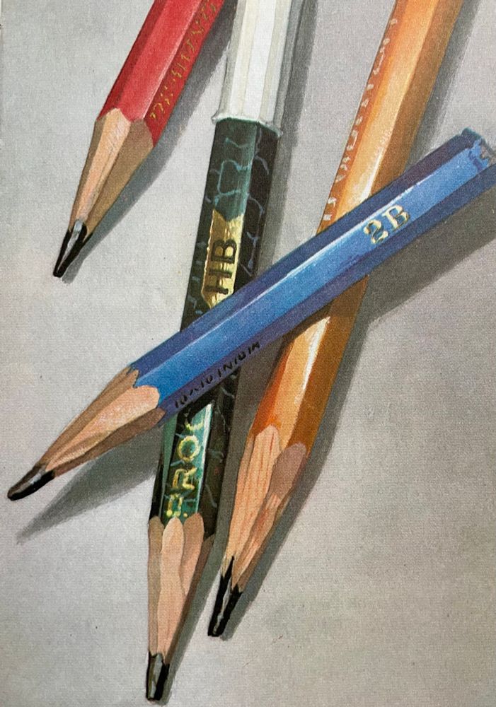 A close-up of the pencils showing the scrape marks from the knife.
The pencils are all the sort that used to be the staple (no pun intended) of pencil cases in the 1960s and 70s