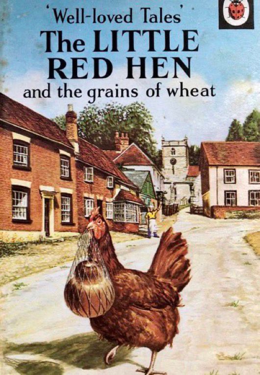Front cover of the book featuring the Little Red hen on her way back to the farm, walking down a high street