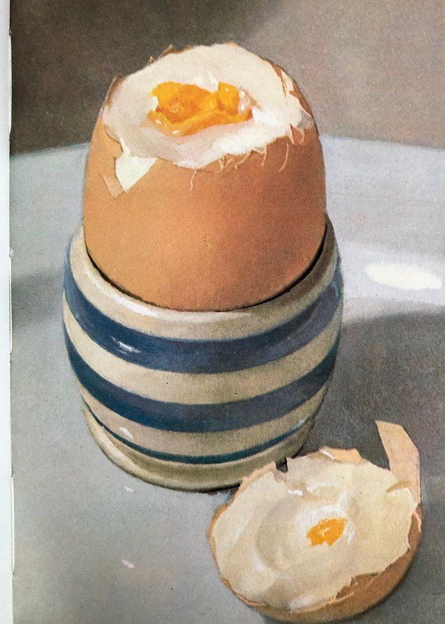 Photo realistic illustration of a hard-boiled egg, in a traditional blue and white striped egg cup, which has been cut open. 