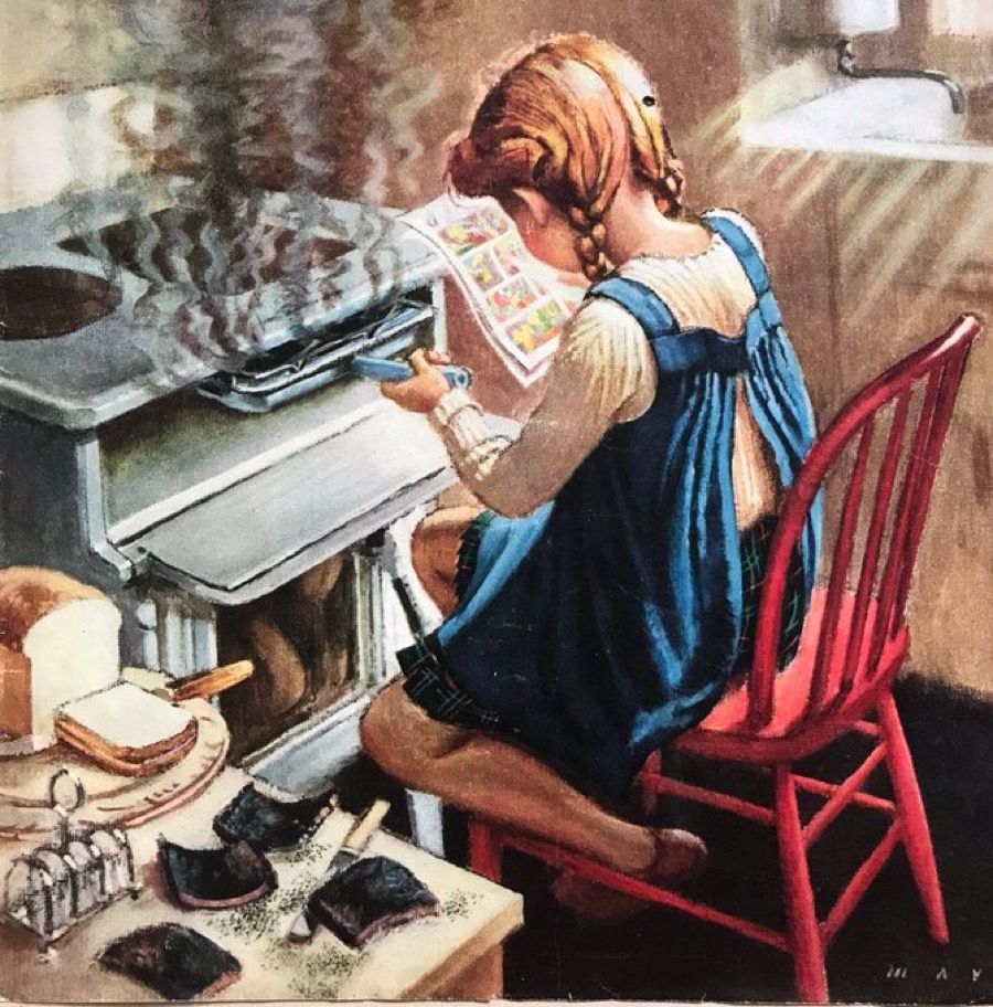 Illustration of a girl in a blue pinafore who is so intently absorbed in her comic that the toast she is cooking on the grill in front of her keeps burning