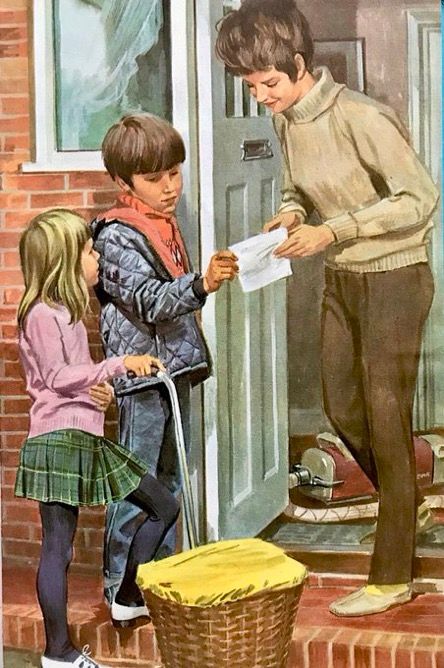 Illustration from the same page of the same book in the 1970s. Now all the characters are dressed more casually. Mum is now wearing slacks. Behind her, we can see she has been hoovering.