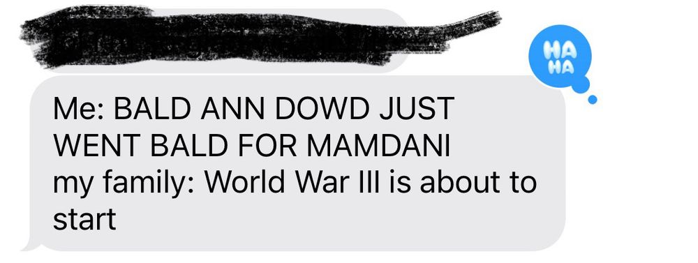 a text from my friend:

Me: BALD ANN DOWD JUST WENT BALD FOR MAMDANI
my family: World War Ill is about to start