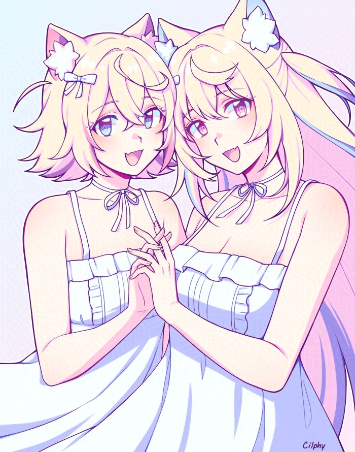 FuwaMoco from Hololive holding hands as they smile, wearing white dresses.