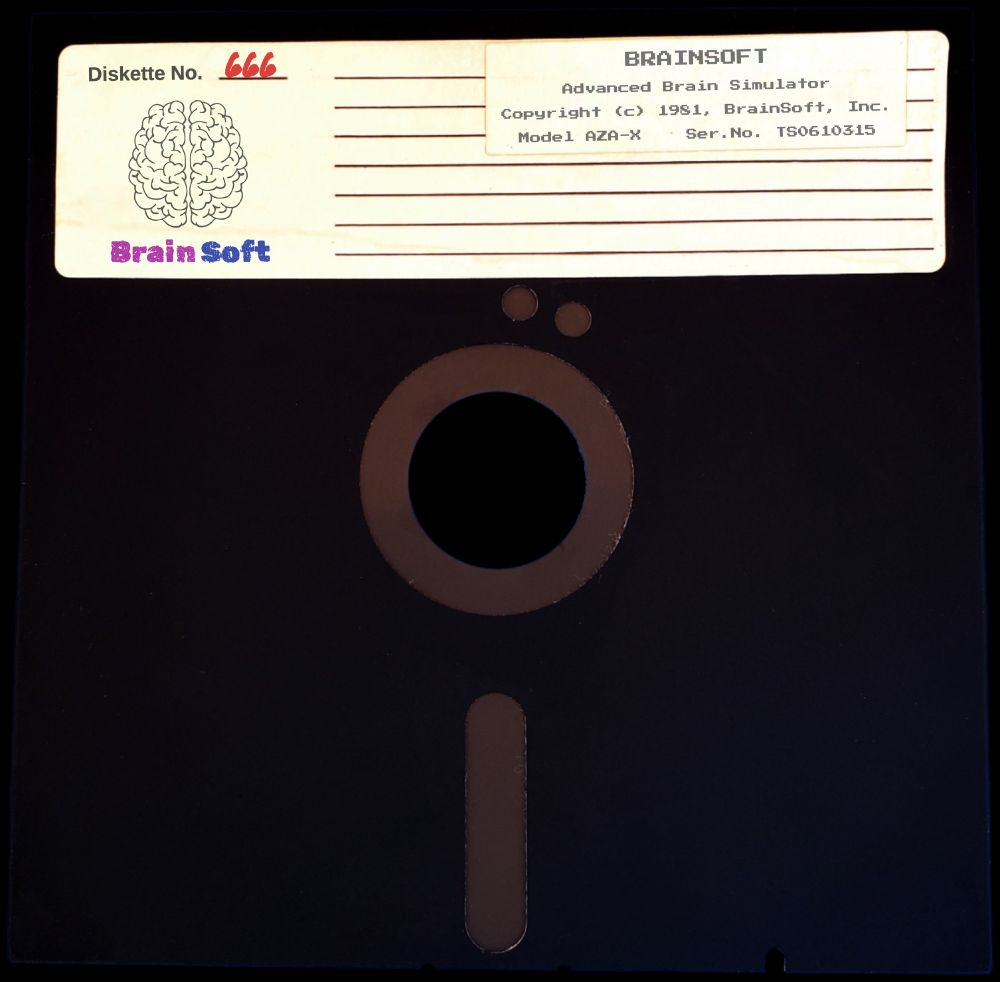A 5 1/4 floppy disk from BrainSoft specializing in brain simulators.