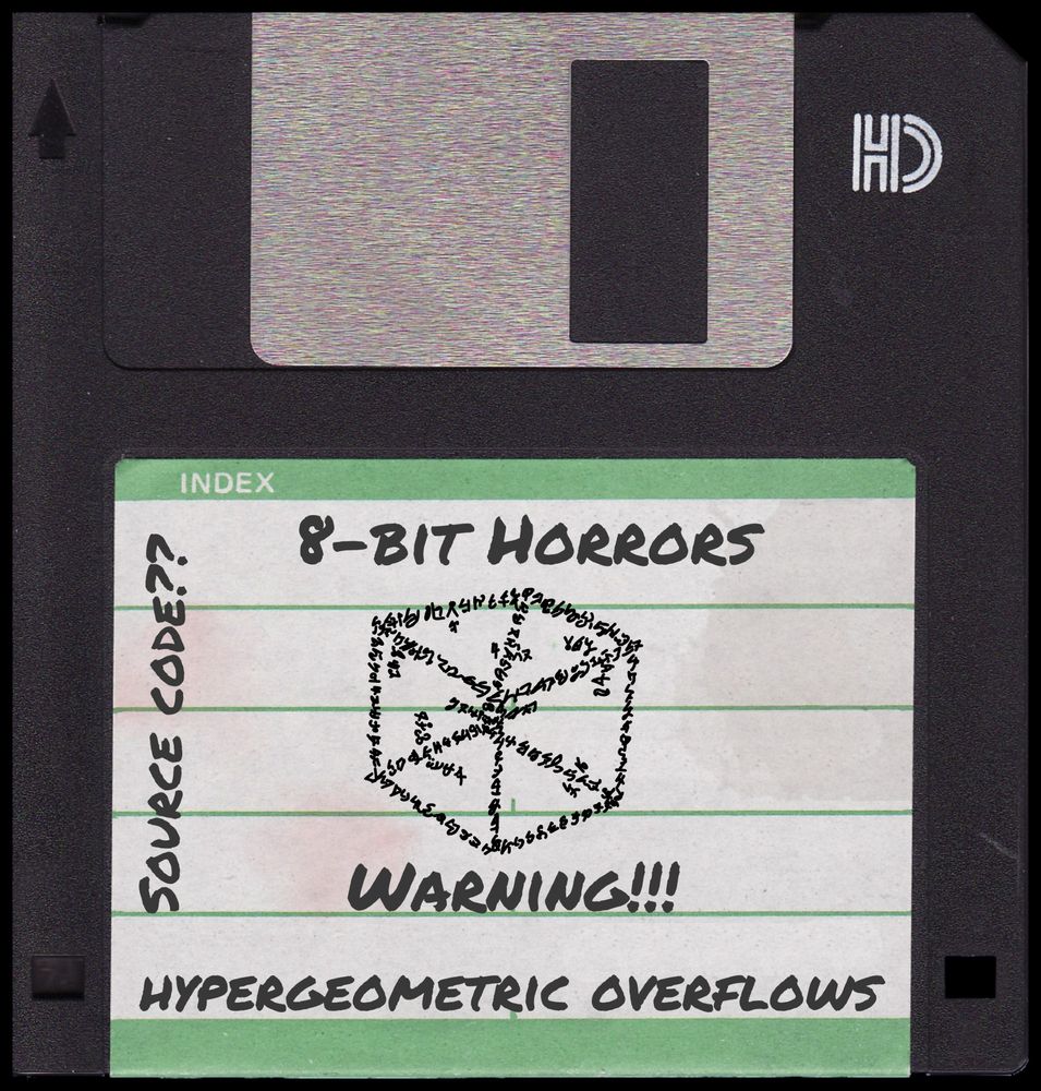 A floppy disk with a label "8-bit horrors"