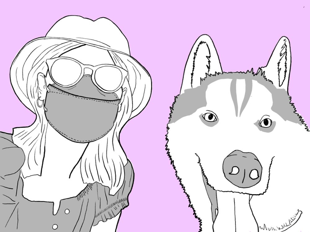 Digital art depicting a head shot of a woman and a husky in black and white against a purple background. The woman is wearing a KN95 respirator, sunglasses and a bucket hat. 