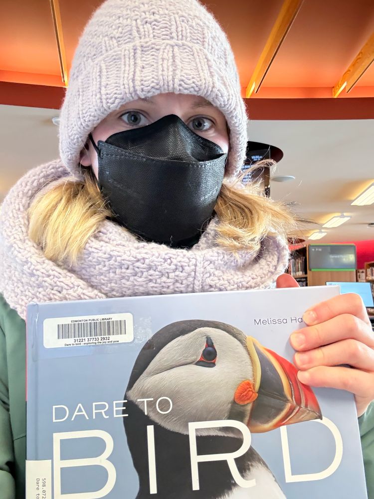 Selfie of a white woman in a knitted lilac toque and matching scarf and wearing a black KN95 mask, holding up the book Dare to Bird by Melissa Hafting. The book is hardcover and blue with a profile of a puffin on the cover. A library shelf is visible in the background. 