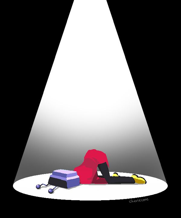 Mr Tenna from Deltarune lying face down ass up on the ground under a spotlight, mimicking the iconic pose from the hit Nintendo DS game Ghost Trick.