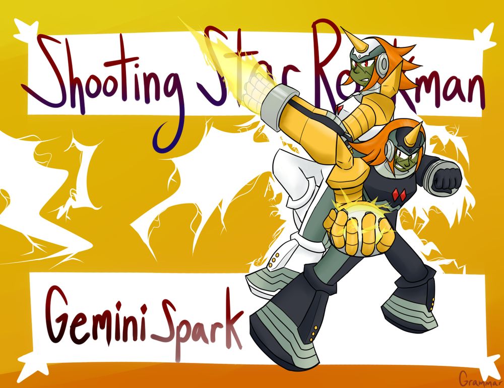 an image of Gemini Spark from Mega Man Star Force posing back to back with each other. Gemini Black is in front with his gauntlet's hand raised, a ball of electricity in it. Gemini White is sideways with his Elec Sword out.