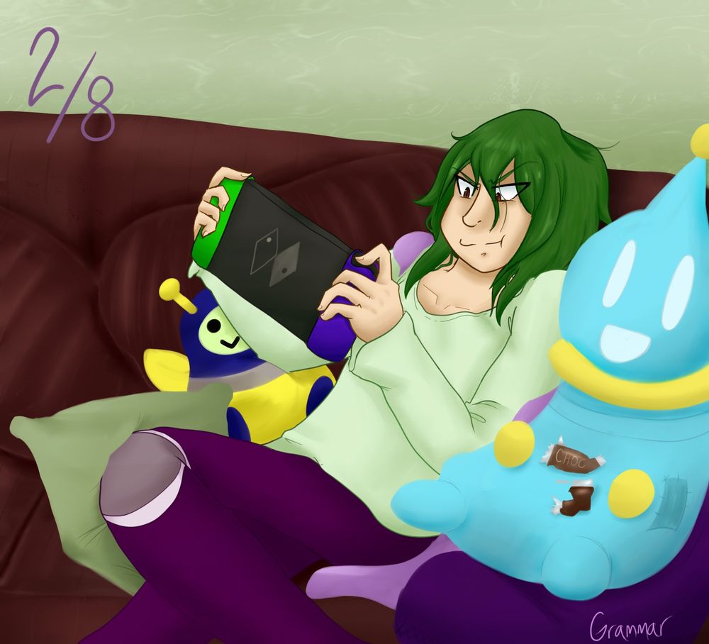 A drawing of Rey Sprigs from Mega Man Star Force lounging back on a couch. He is holding and playing a Nintendo Switch. Next to him are various scattered pillows, including a large Mr. Hertz plush and a Lampy virus plush. Two crumpled chocolate bar wrappers are on the Hertz plush.