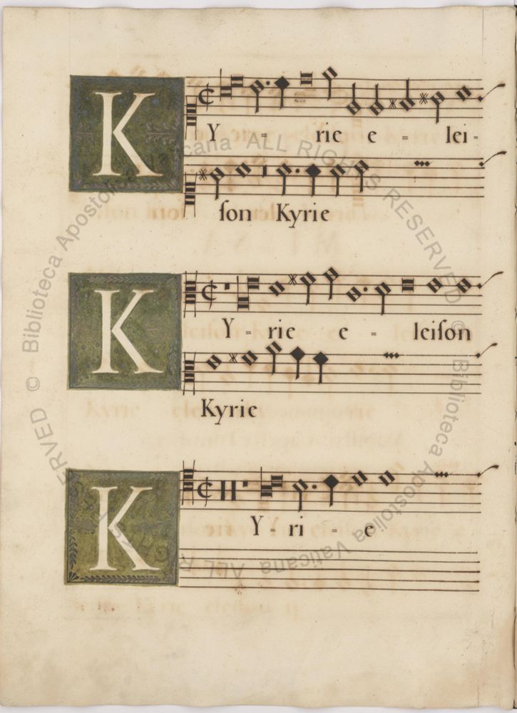 A page of a polyphonic Kyrie Eleison. Three large Ks are on the left, each starting 2 staves of mensural music Capp.sist.53 f.3v