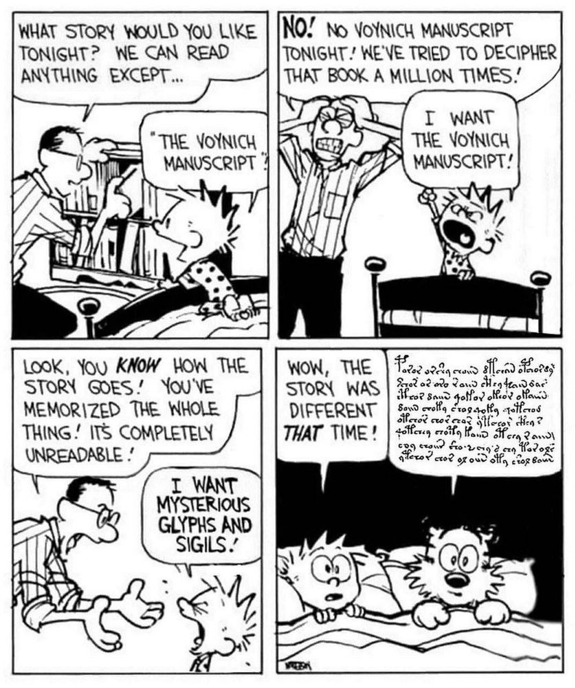 A four panel calvin and hobbs cartoon where he's asking his father to read him the Voynich manuscript at bedtime.  It ends with Calvin saying "Wow the story was different that time" and Hobbes speaking Voynichese