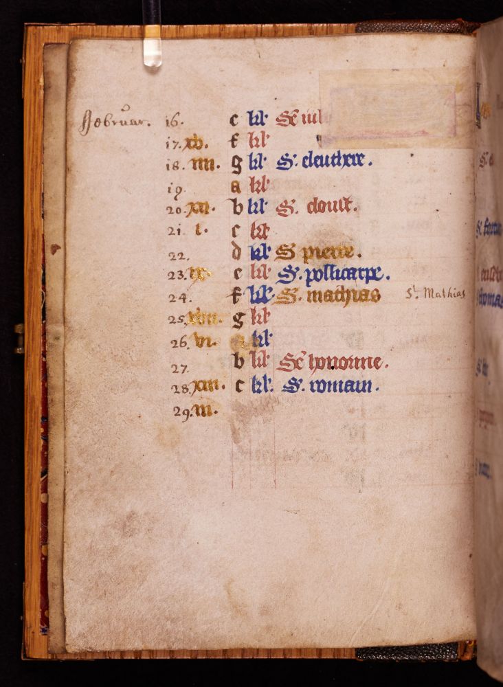 f.2v from Smith College Codex 274.  It contains the second part of the calendar from February, with evidence of the KL on recto being excised and later replaced