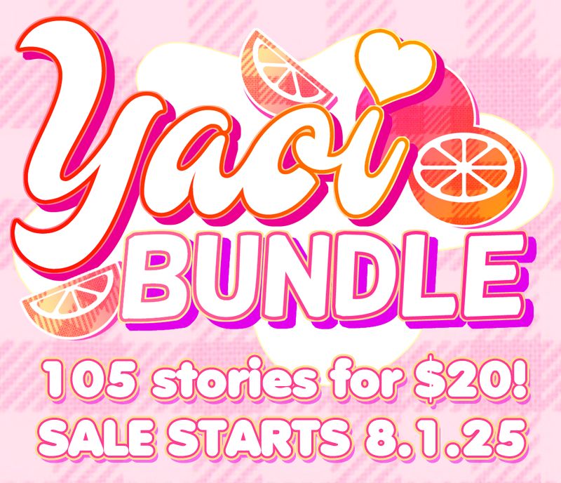 Logotype "Yaoi Bundle" with pink-orange colored slices of lemon ; below there is a text saying : "105 stories for $20 ! Sale starts 8.1.25"