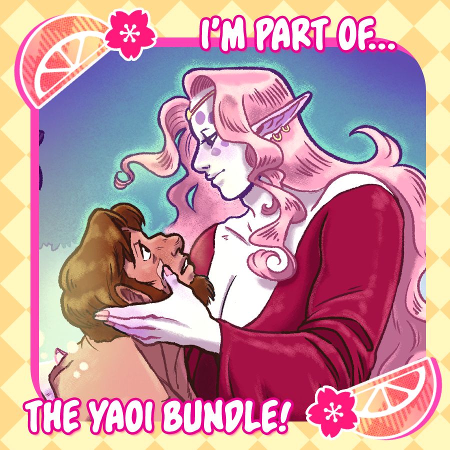 part of an illustration with two characters, a muscular man with a beard and an androgynous fairy prince, the muscular man seems naked and kneels before the fairy, which is smiling at him and gently holds his face. The whole image is in a yellow frame saying “I’m part of the Yaoi Bundle!”