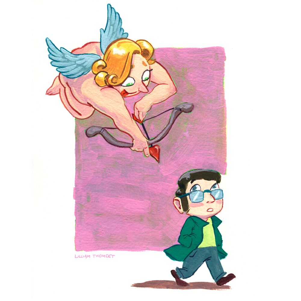 painting of Cupid Angel arming a heart-shaped arrow in a man’s back direction. The man is walking, looking behind him, a little surprised. The background is a pink-greenish painted color.