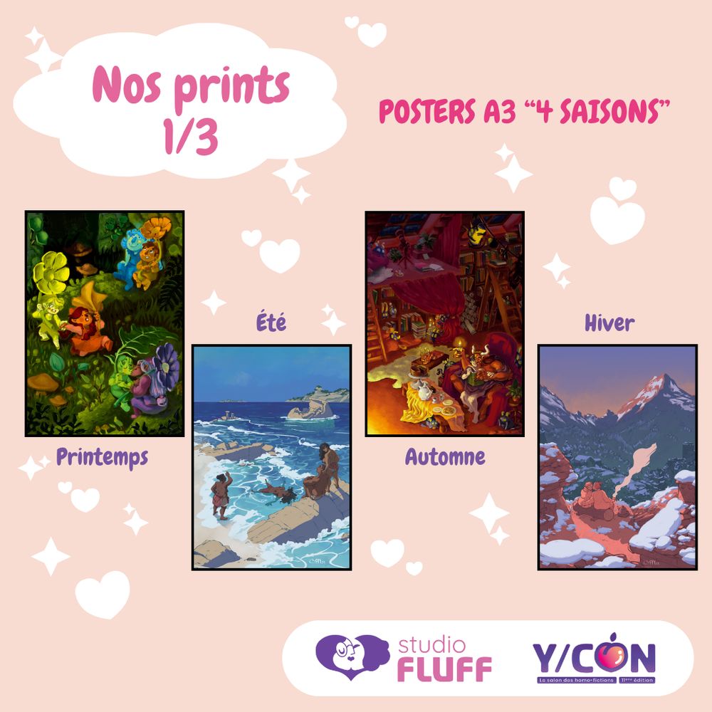 Présentation des prints de Studio Fluff pour la YCON, partie 1/3 : quatre posters représentant les 4 saisons - Printemps, été, automne, hiver.