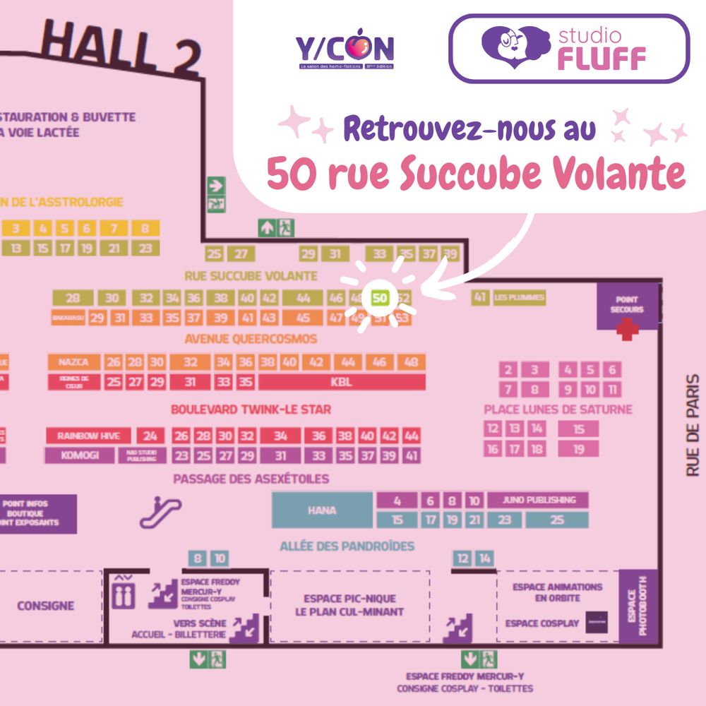 plan de la YCON 2025, le plan est légèrement rosé sauf l’emplacement du stand Studio Fluff au 50, rue succube volante, qui est mis en valeur.