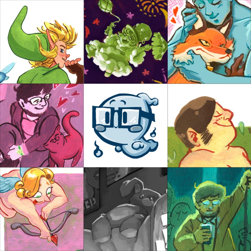 mosaic of 9 squares, each square representing a piece of artwork created during the year 2025. In the center square, my avatar of a smiling little ghost.