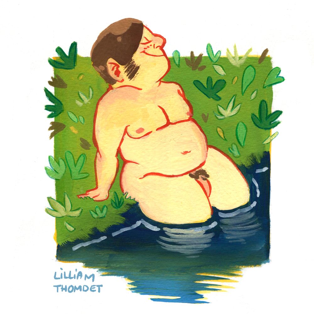 illustration in gouache of a naked man sitting in the grass, dipping his feet in the water of a pond. The illustration is drawn in a very simple-cartoonish style, the man in warm flesh colors is painting on a green background with grass patterns here and there. The water is colored in a deepl warm blue