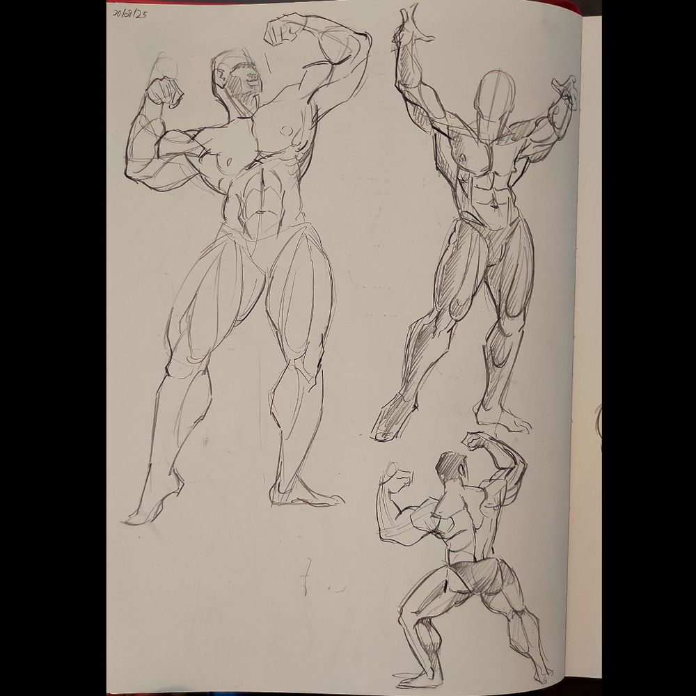 sketchbook page with pencil drawings of various muscular men