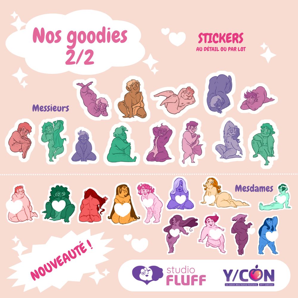 Présentation des goodies de Studio Fluff pour la YCON, partie 2/2 : 13 stickers “messieurs” et 12 stickers “mesdames” (nouveautés)
